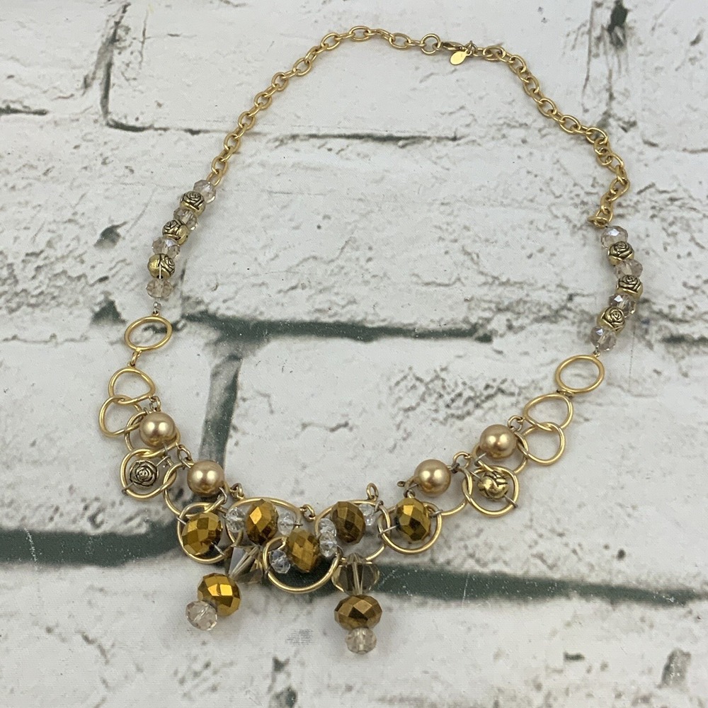Premier Designs Vintage Necklace Gold Toned‎ Chain Beaded Roses Womens